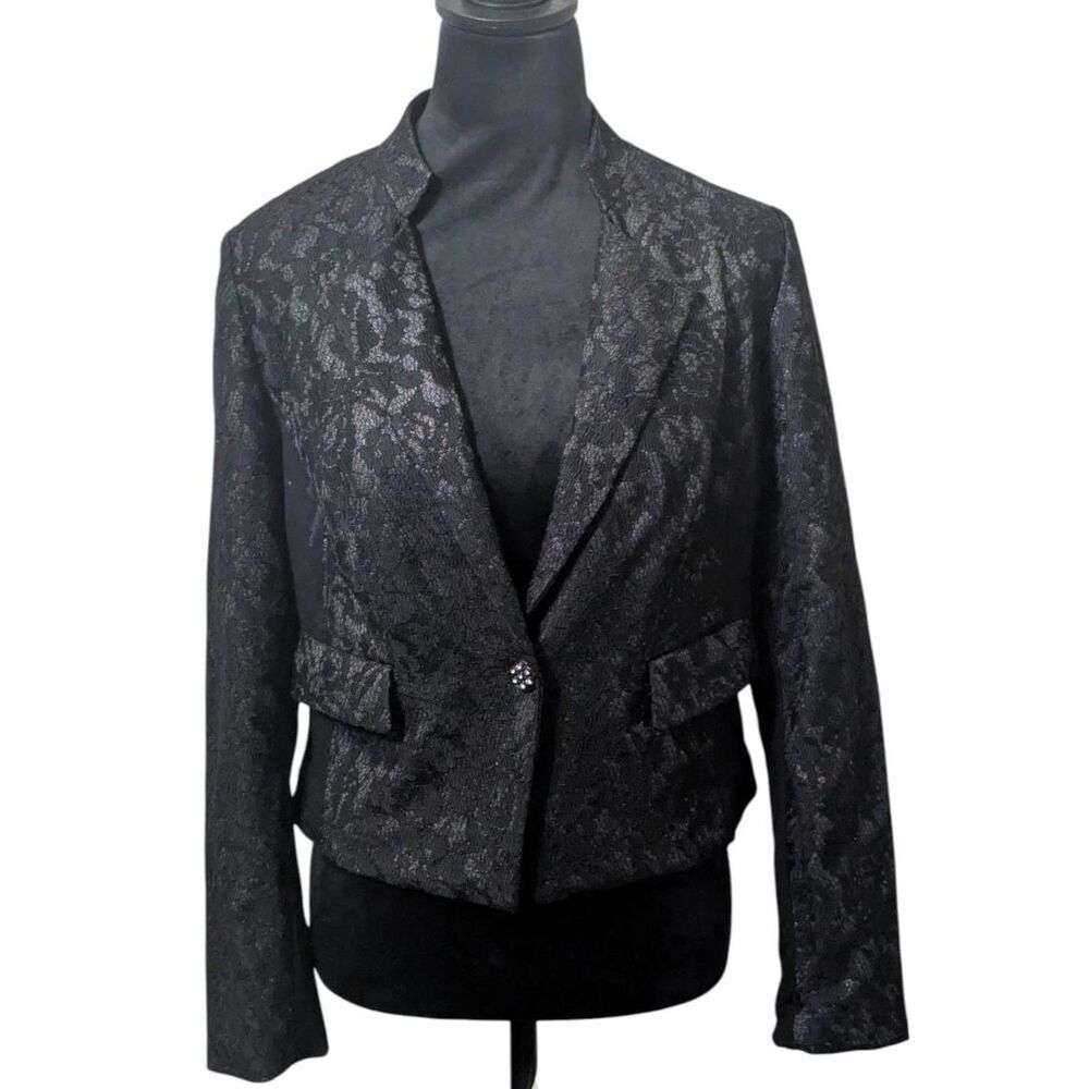 Chico's Black Metallic Lace Cropped Blazer Jacket Rhinestone Button S/4 Cocktail